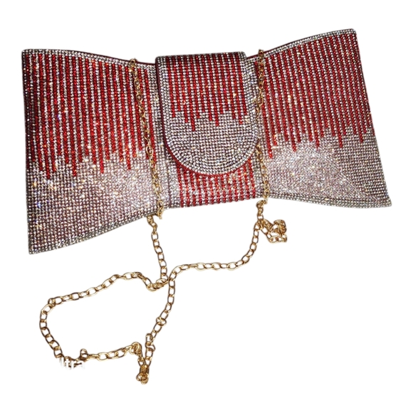 Women's Pavé Red & Silver Rhinestone Bowtie Shape Clutch Handbag Purse - Picture 3 of 7